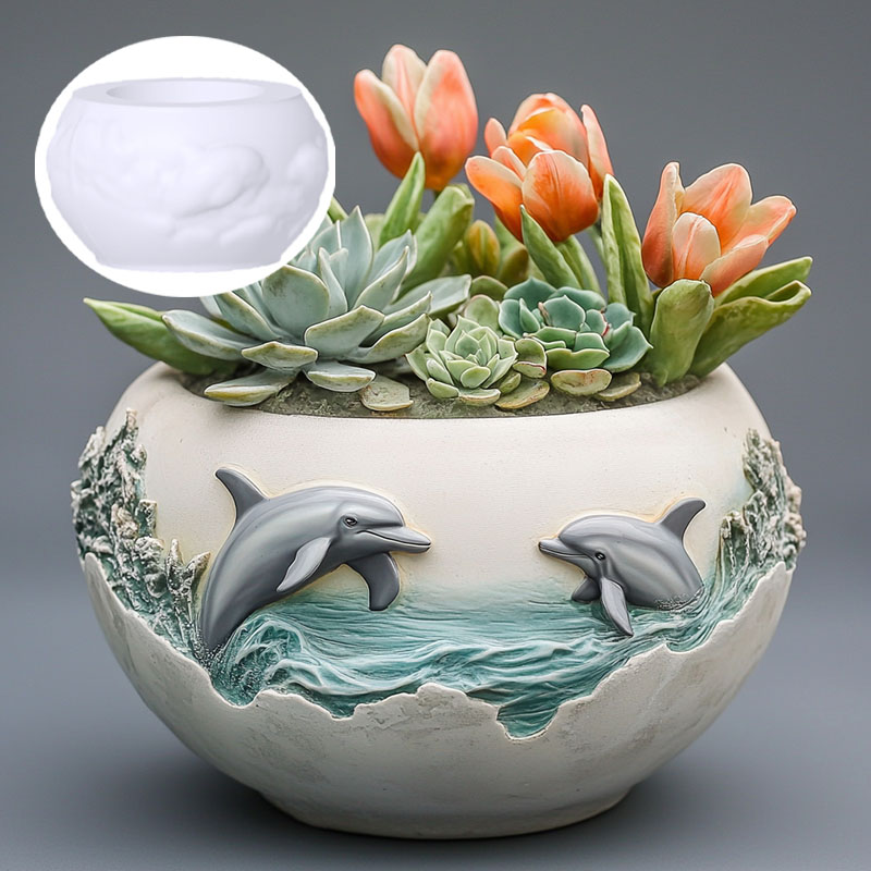 Resin Ocean Wave Mold - Couple dauphin relief plante succulente pot